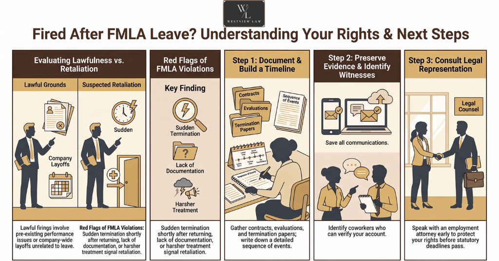 Infographic explaining potential FMLA retaliation after termination, warning signs, evidence preservation, and steps to protect employee rights.