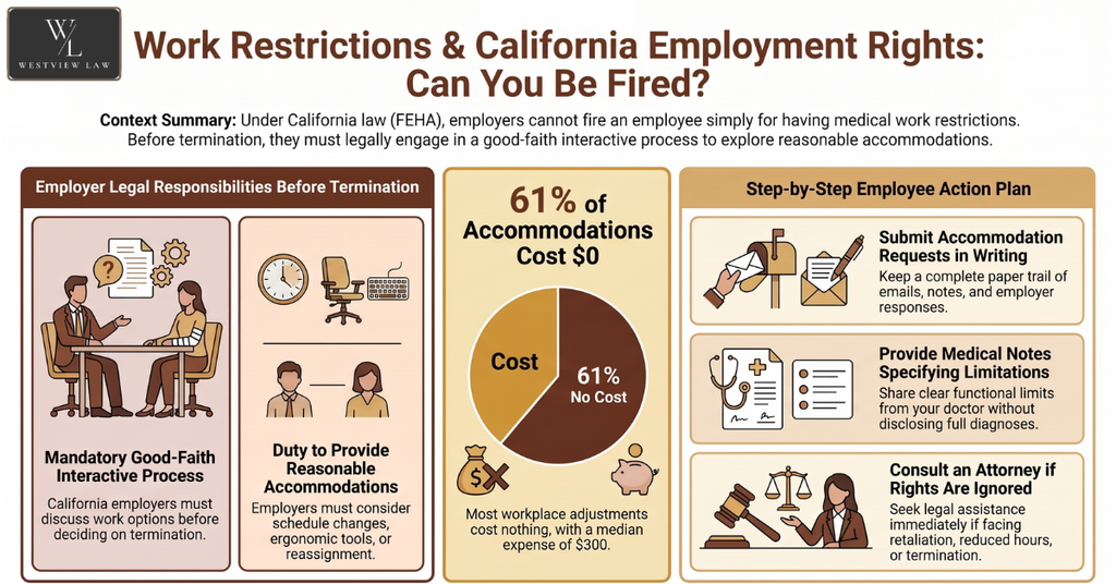 Employment rights document with a wooden judge's gavel and eyeglasses, representing California employee protections and workplace accommodation laws.