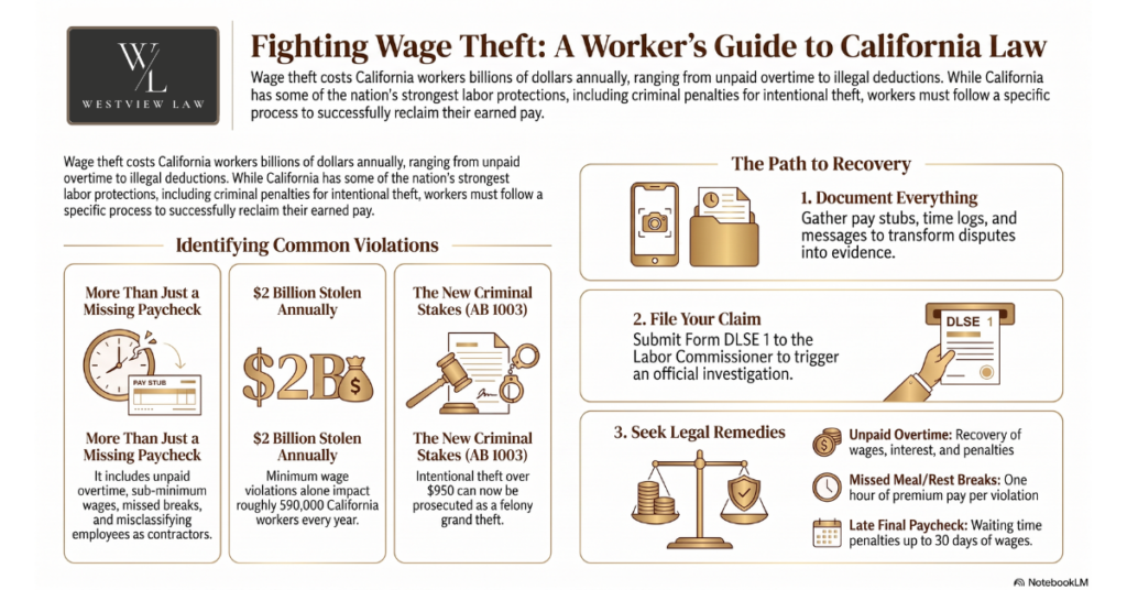Fighting Wage Theft: A Worker's Guide to California Law Infographic on California wage theft showing common violations, the $2 billion in wages stolen each year, the criminal penalties added by AB 1003, and the three steps to recover unpaid pay