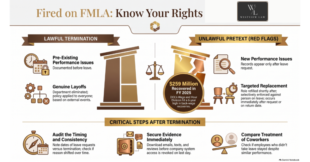 Fired on FMLA: Know Your Rights Infographic on your rights if fired while on FMLA, comparing lawful termination with unlawful pretext red flags