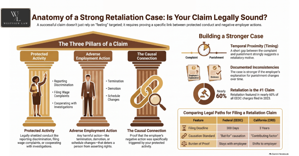 Anatomy of a strong retaliation case Infographic breaking a retaliation claim into protected activity, adverse employment action and causal connection, with federal and California filing deadlines compared