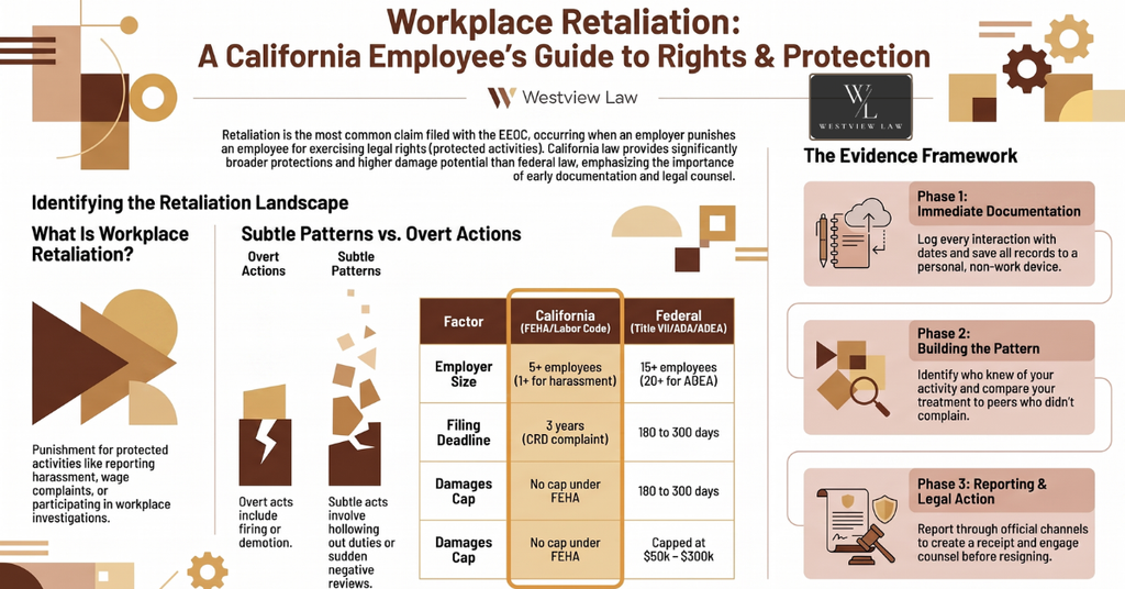 Infographic explaining workplace retaliation in California, including protected activities, retaliation patterns, legal protections, and evidence documentation.