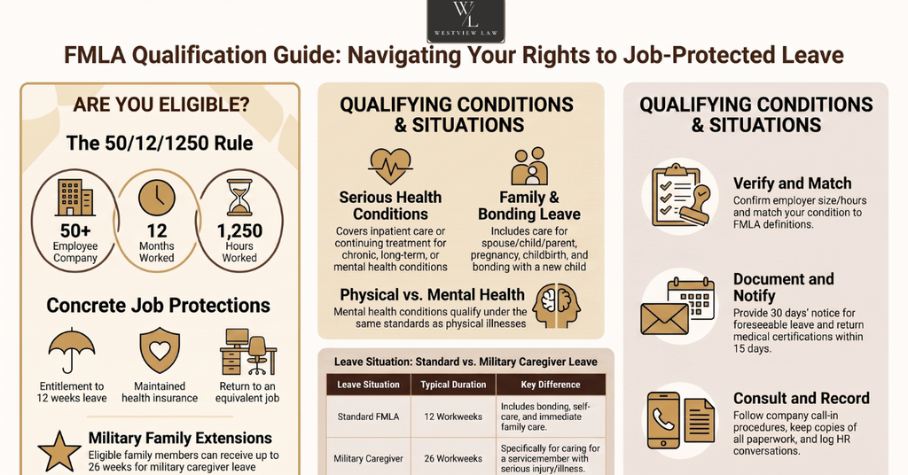 Infographic explaining FMLA eligibility, qualifying medical and family situations, job protections, and steps for requesting leave.