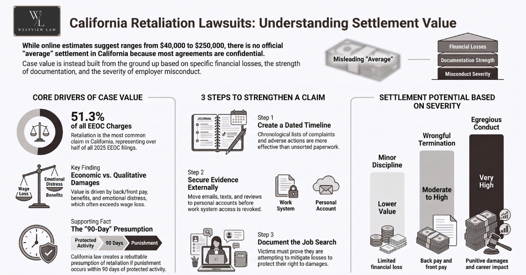 Infographic explaining factors that affect California retaliation lawsuit settlement value, including financial losses, evidence, employer misconduct, and damages.