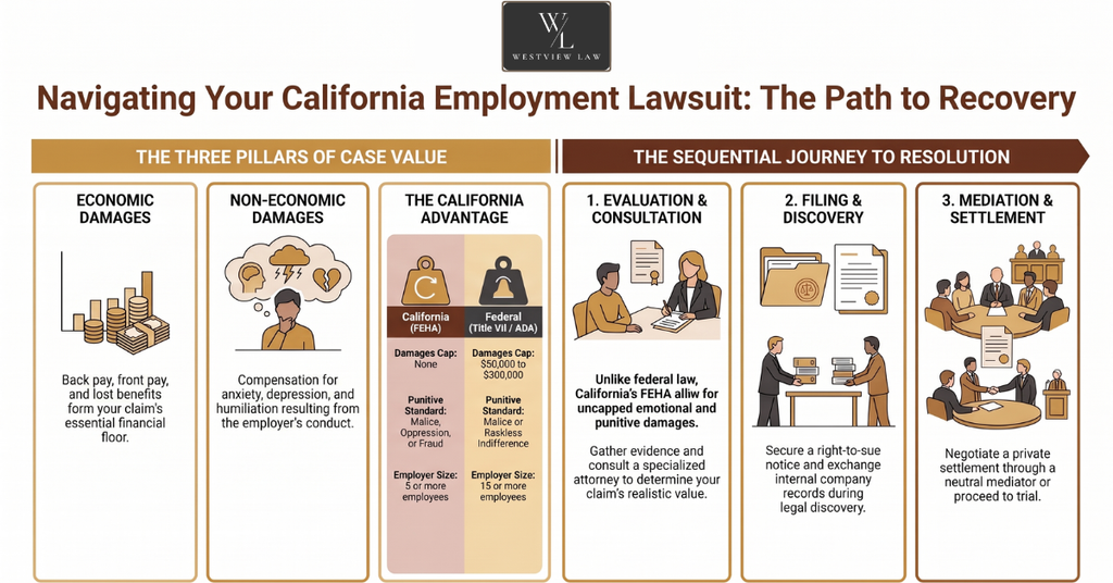 Infographic showing economic and non-economic damages and the California employment lawsuit process from consultation through settlement.