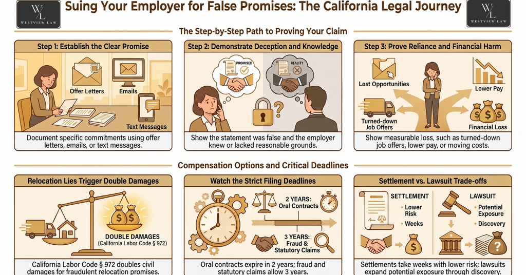 Infographic showing evidence, damages, deadlines, and legal options for false promises by an employer in California.