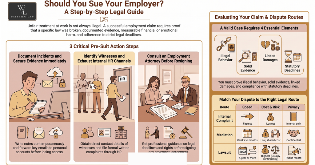 Infographic explaining steps to take before suing an employer, including documenting evidence, contacting HR, consulting an employment attorney, and evaluating dispute options.