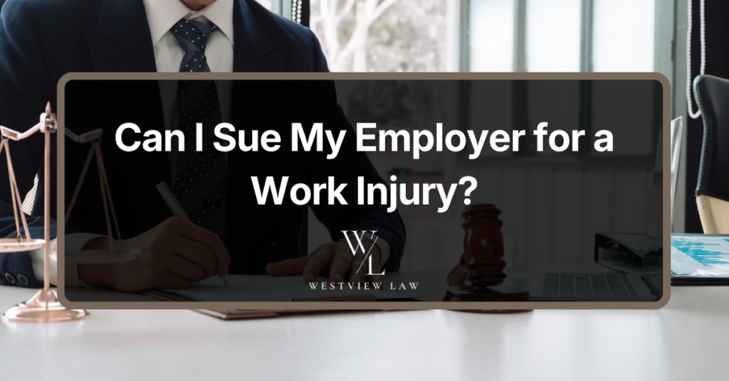Attorney at a desk with legal scales and a gavel representing a workplace injury claim against an employer.