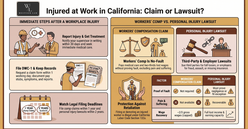 Infographic comparing California workers’ compensation claims and personal injury lawsuits after a workplace injury.