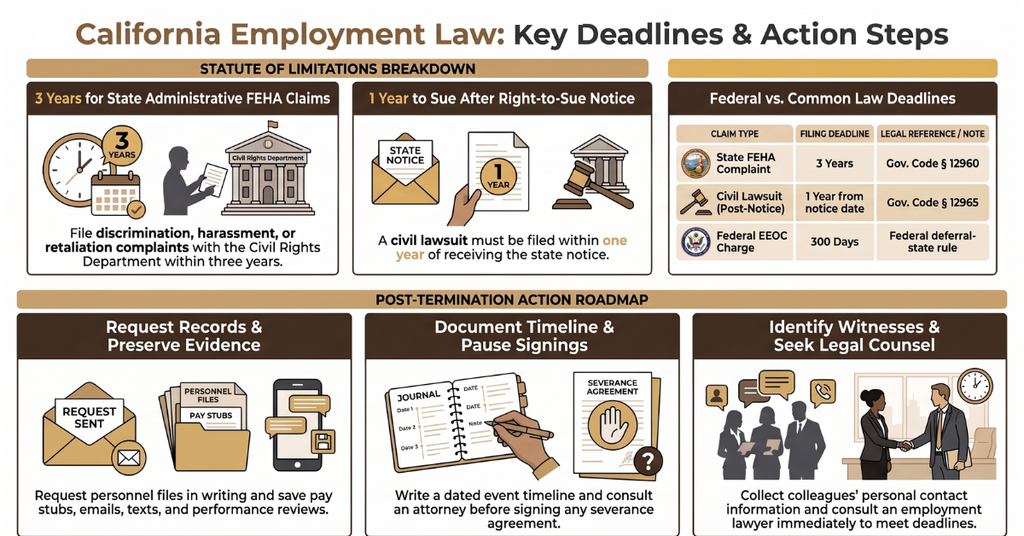 Infographic explaining California employment law deadlines and post-termination steps, including preserving evidence, documenting events, identifying witnesses, and seeking legal counsel.